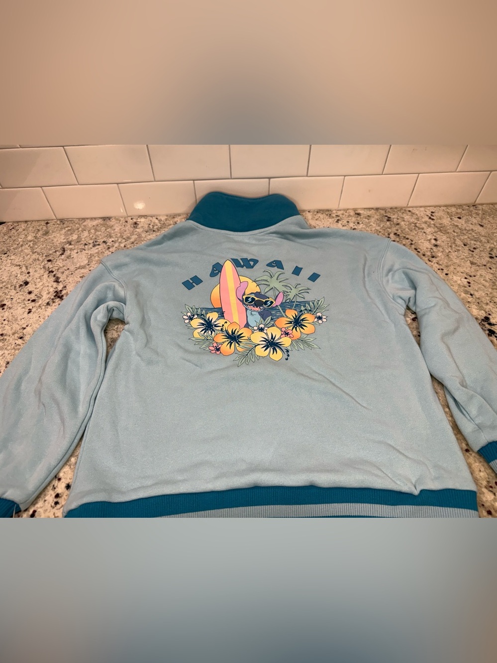 Stitch- Disney Hawaii  Surf Graphic  Blue Kids Half Zip Sweatshirt - Size XL NWT